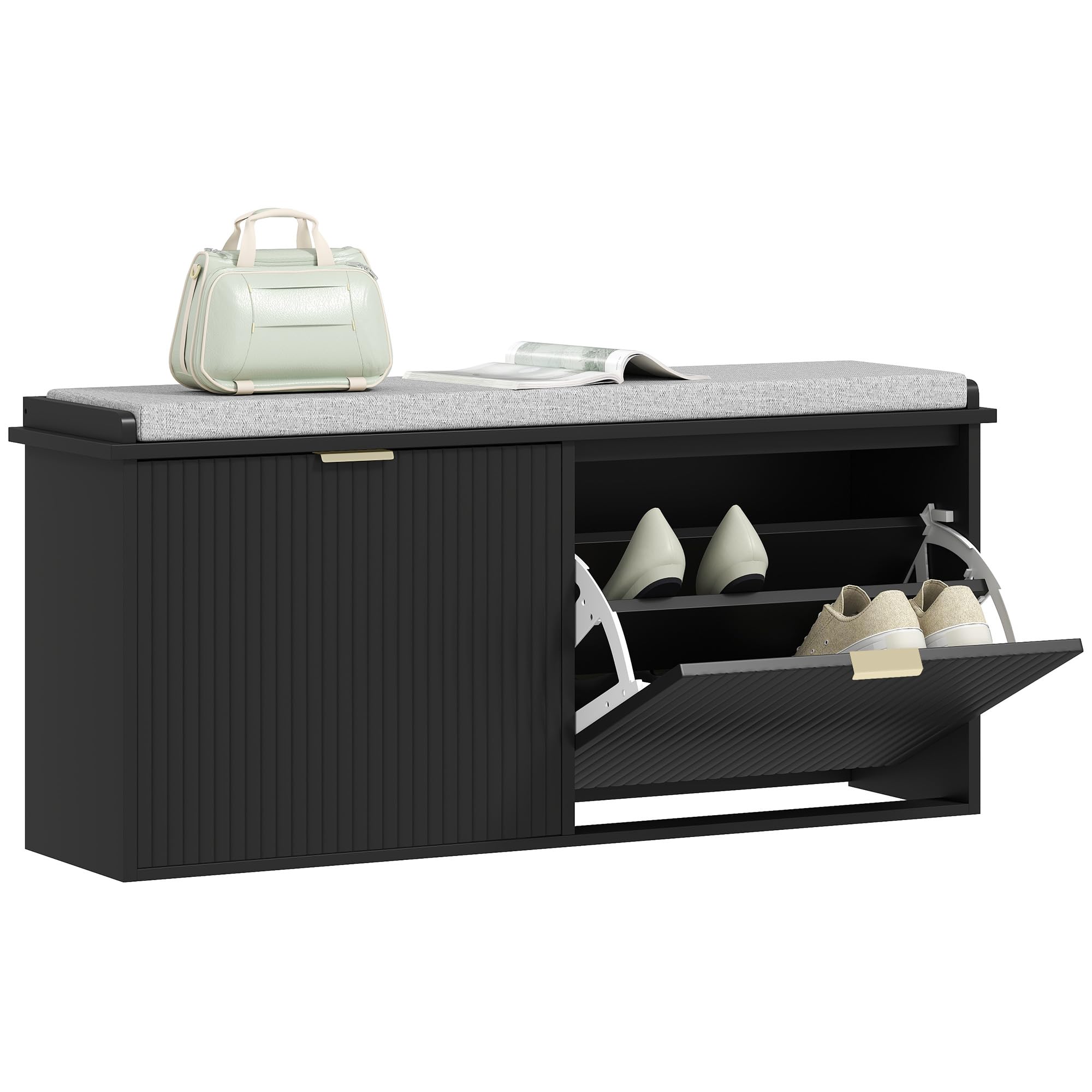 Banc de rangement pour chaussures d'entrée étroit en bois avec assise rembourrée et tiroirs