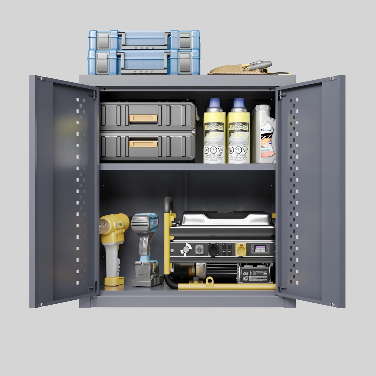 Metal Wall Mounted Garage Storage Cupboard Lockable Tool Organizer Floating Workshop Pantry Laundry Utility Basement Kitchen Overhead Locker with Ventilated Doors Adjustable Shelf Space Saving Home