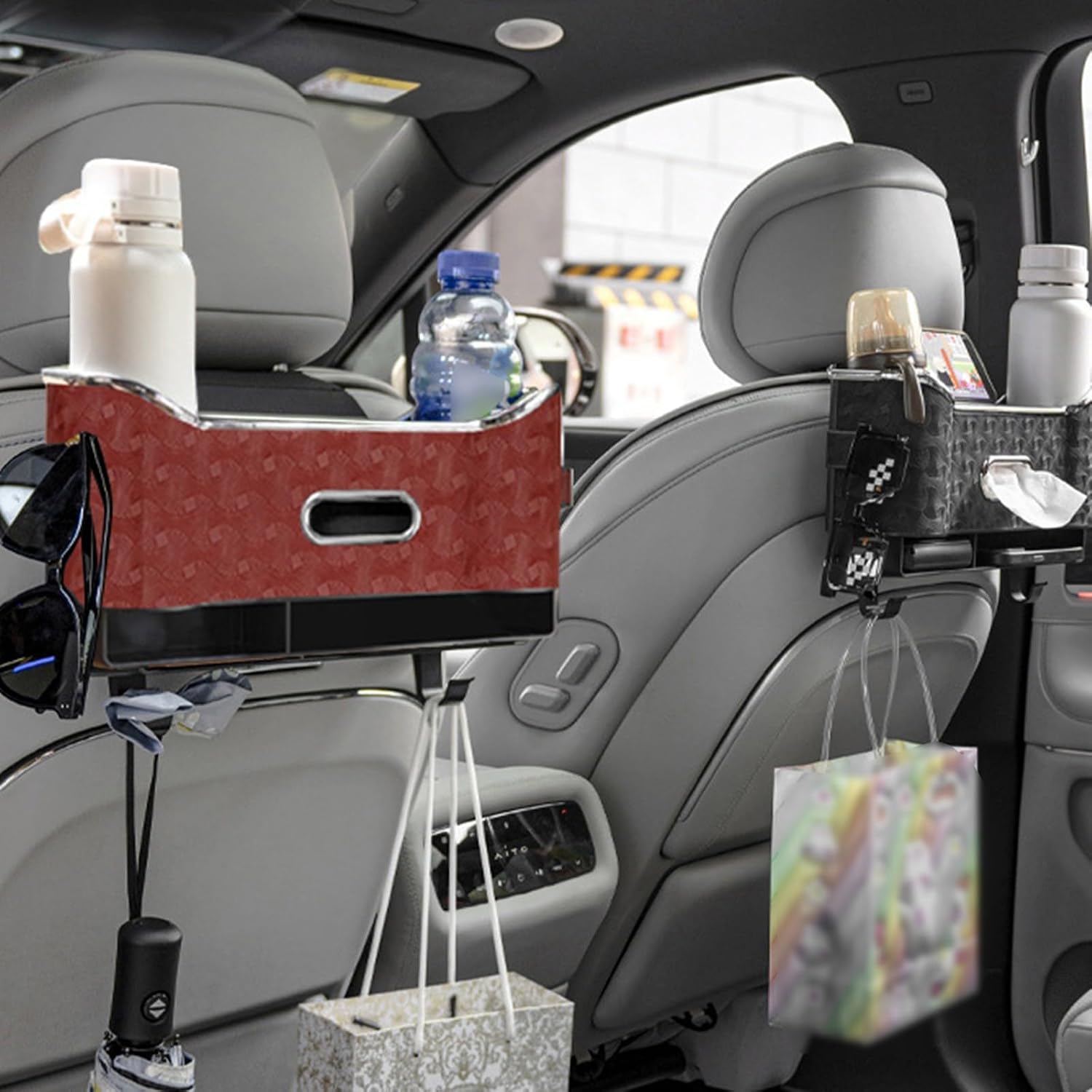 Back Seat Car Organizer, Large Capacity Hanging 4 in 1 Car Organizers and Storage with Cup Holder Tissue Box Hooks and Trash Bin,Multifunctional Waterproof Universal Seat Back Organizer for Trucks
