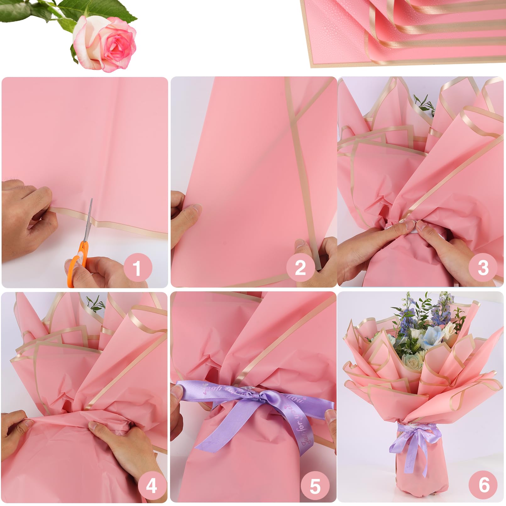 Misdary Geschenkpapier-Set Mit Blumen-Design – 20 Blätter, Wasserdicht, Mit Kronen, Schmetterlingen & Band – Rosa, Für Basteln & Geschenke