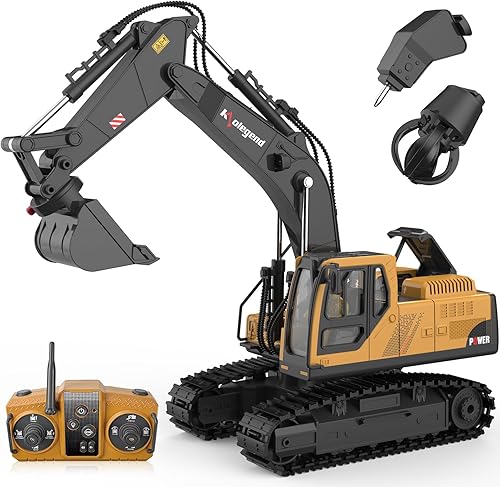 kolegend Juguete de excavadora a control remoto 3 en 1 de 14 canales, juguete de excavadora RC para niños de 3 a 12 años con balde/garra/taladro de