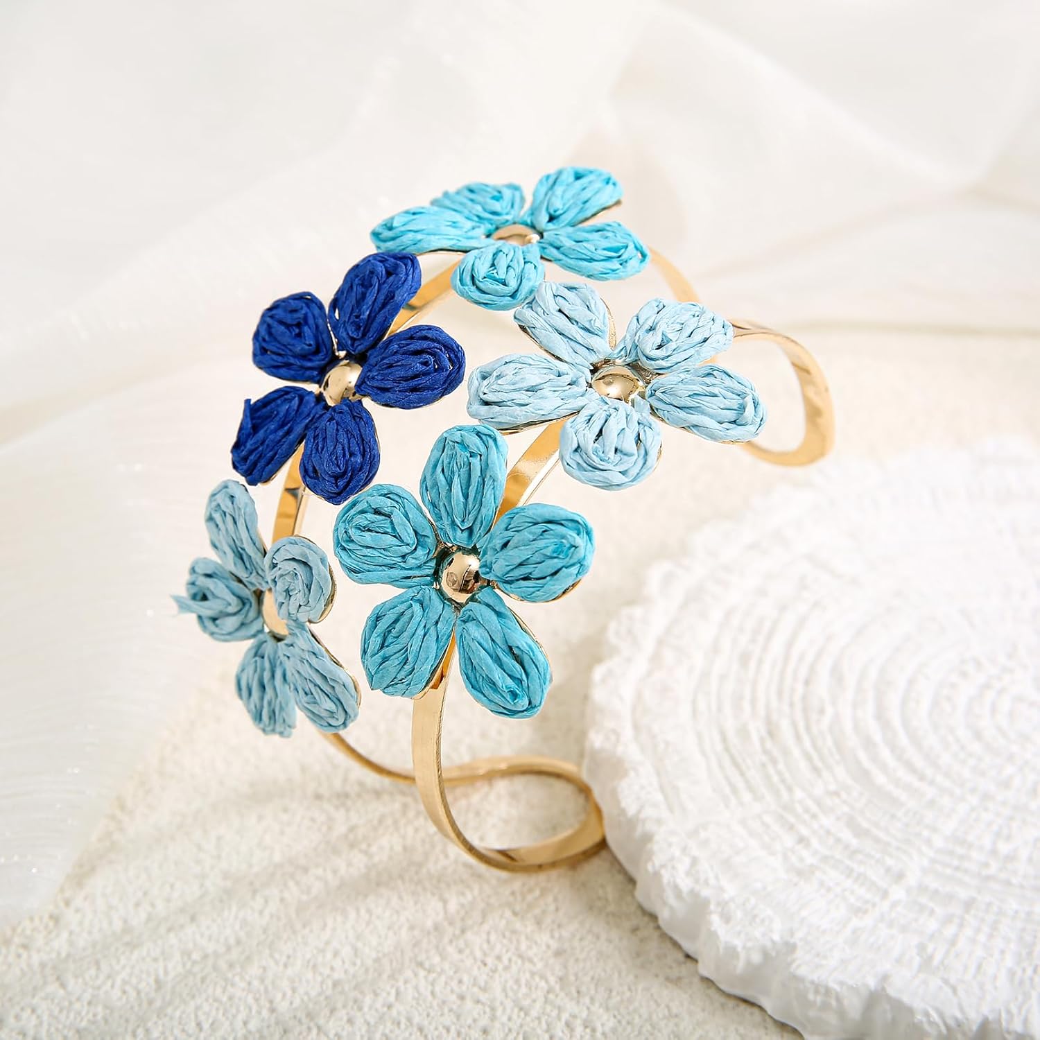 Handmade Raffia Flower Cuff Bracelet for Women - Colorful Adjustable Wide Open Bangle, Statement Tropical Floral Jewelry for Beach - Image 4