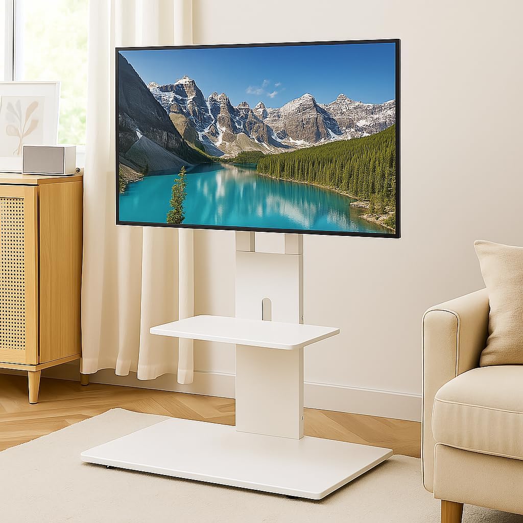 Proman Products Modern TV Stand With With Adjustable Mount and Two Shelves, Pure White