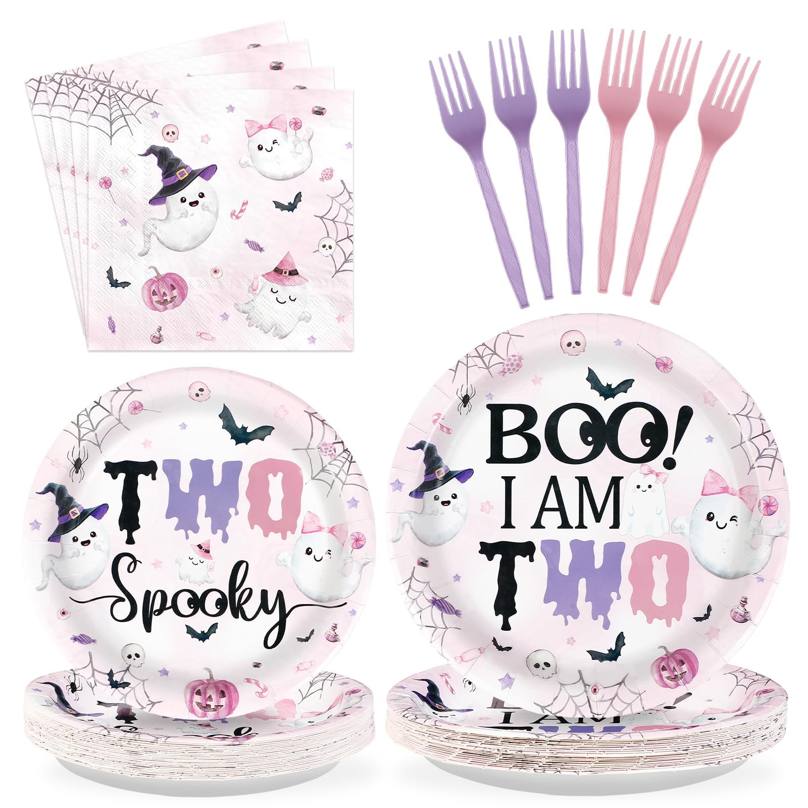 Grencian 96Pcs Halloween Boo I am Two Birthday Party Supplies Serves 24