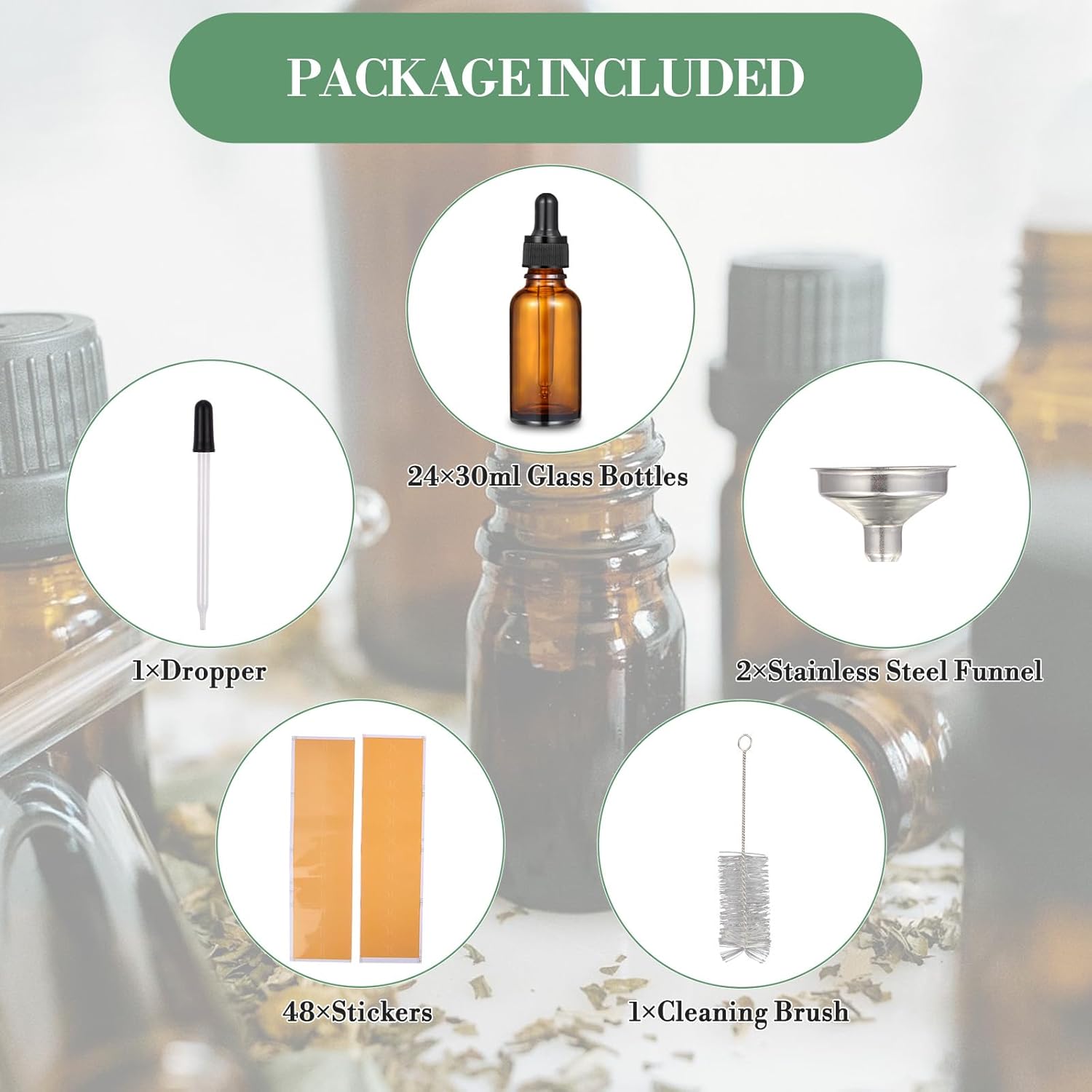 24 Pcs 1 oz Amber Glass Dropper Bottles, Leak-Proof Tincture Bottles with 2 Stainless Steel Funnel, 1 Extra Dropper, 48 Stickers & 1 Brush for Essential Oils, Perfume, Hair Oil, Travel Liquids