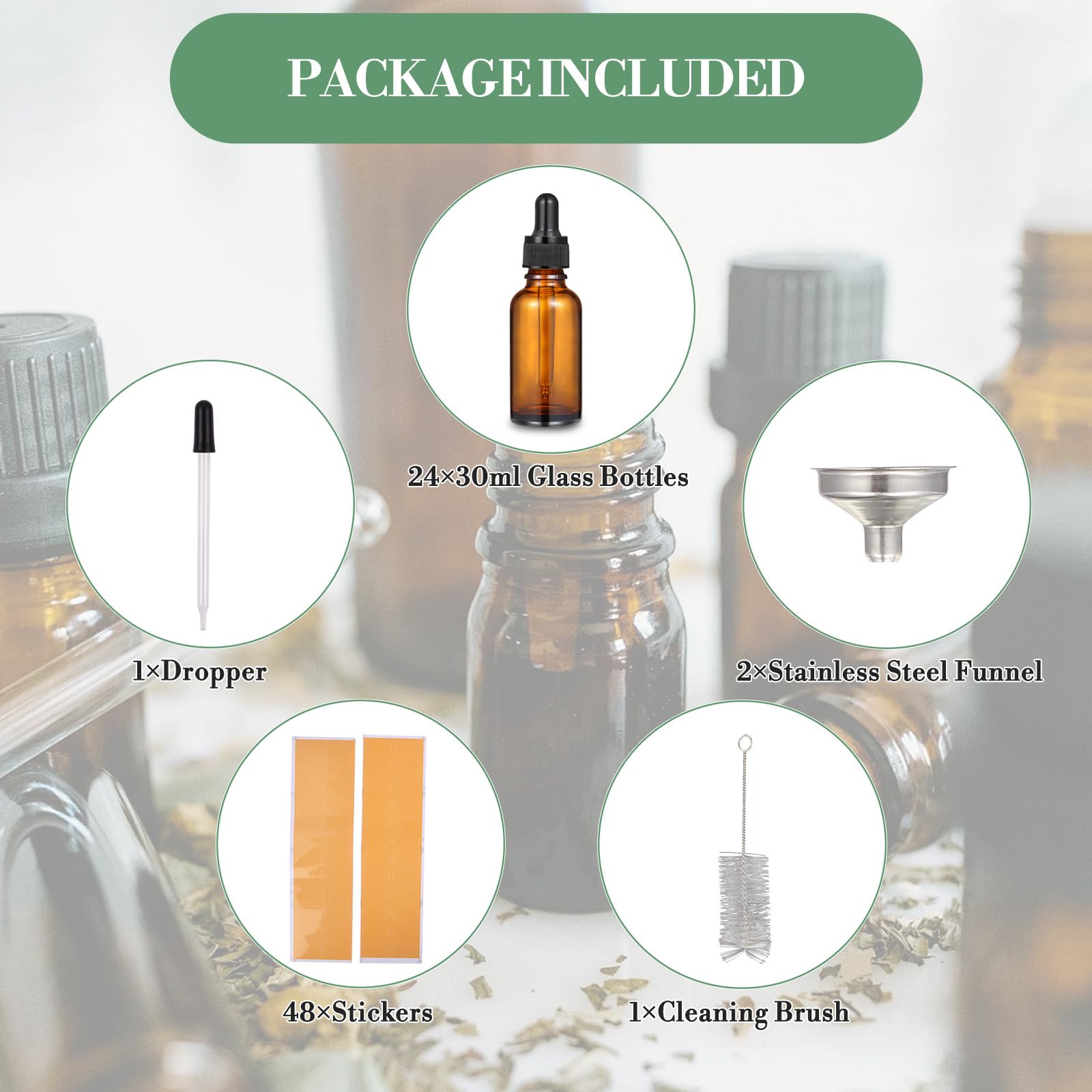 24 Pcs 1 oz Amber Glass Dropper Bottles, Leak-Proof Tincture Bottles with 2 Stainless Steel Funnel, 1 Extra Dropper, 48 Stickers & 1 Brush for Essential Oils, Perfume, Hair Oil, Travel Liquids