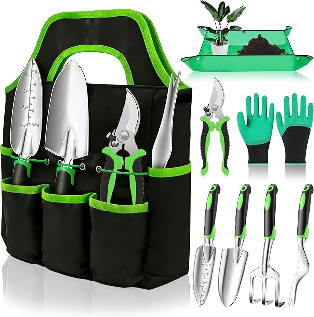 KOHRIUK Gartenwerkzeug Set 8 Stück Gartengeräte Set Garten Werkzeug aus Edelstahl Gartenset Werkzeug mit Tasche Umtopfhilfe für — Werkzeug-Sets