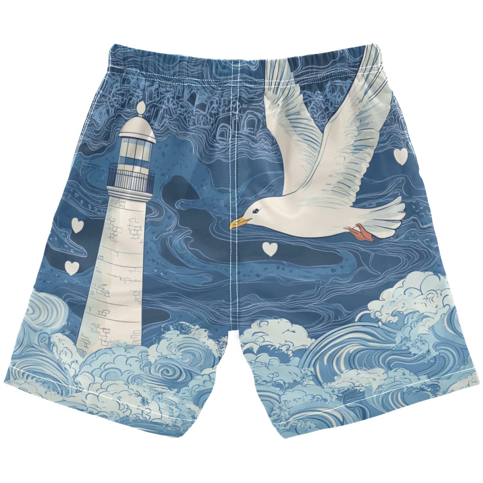 Jucciaco Boys Beach Board Shorts Bird Seagull Lighthouse Swim Trunk Teen Swimwear Multicolor