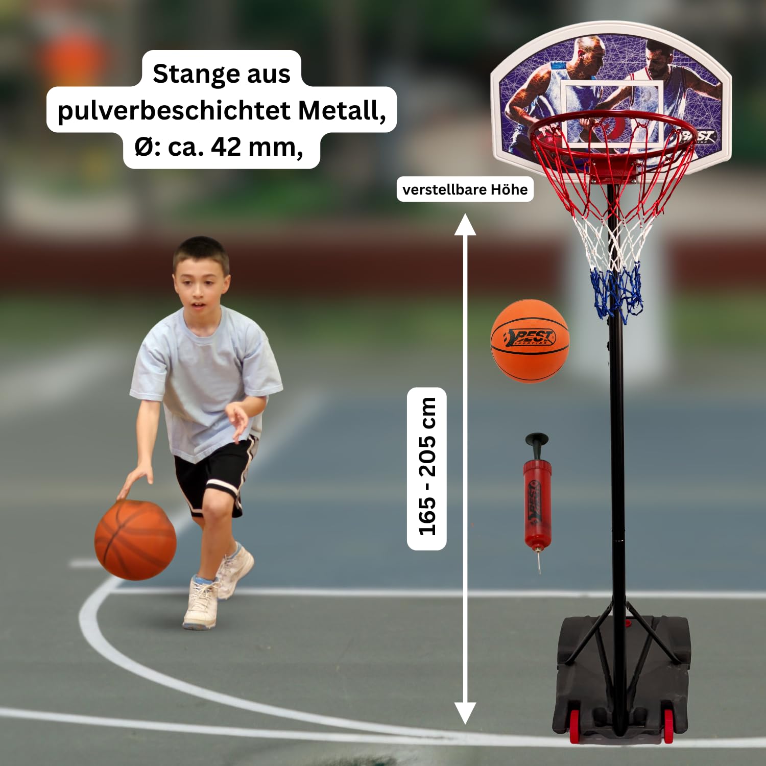 BEST SPORTING Basketballkorb Outdoor 165–205 cm – Verstellbar & mobil – Transportable Korbanlage mit stabilem Standfuß – Optional mit Basketball & Pumpe – Für Kinder & Einsteiger