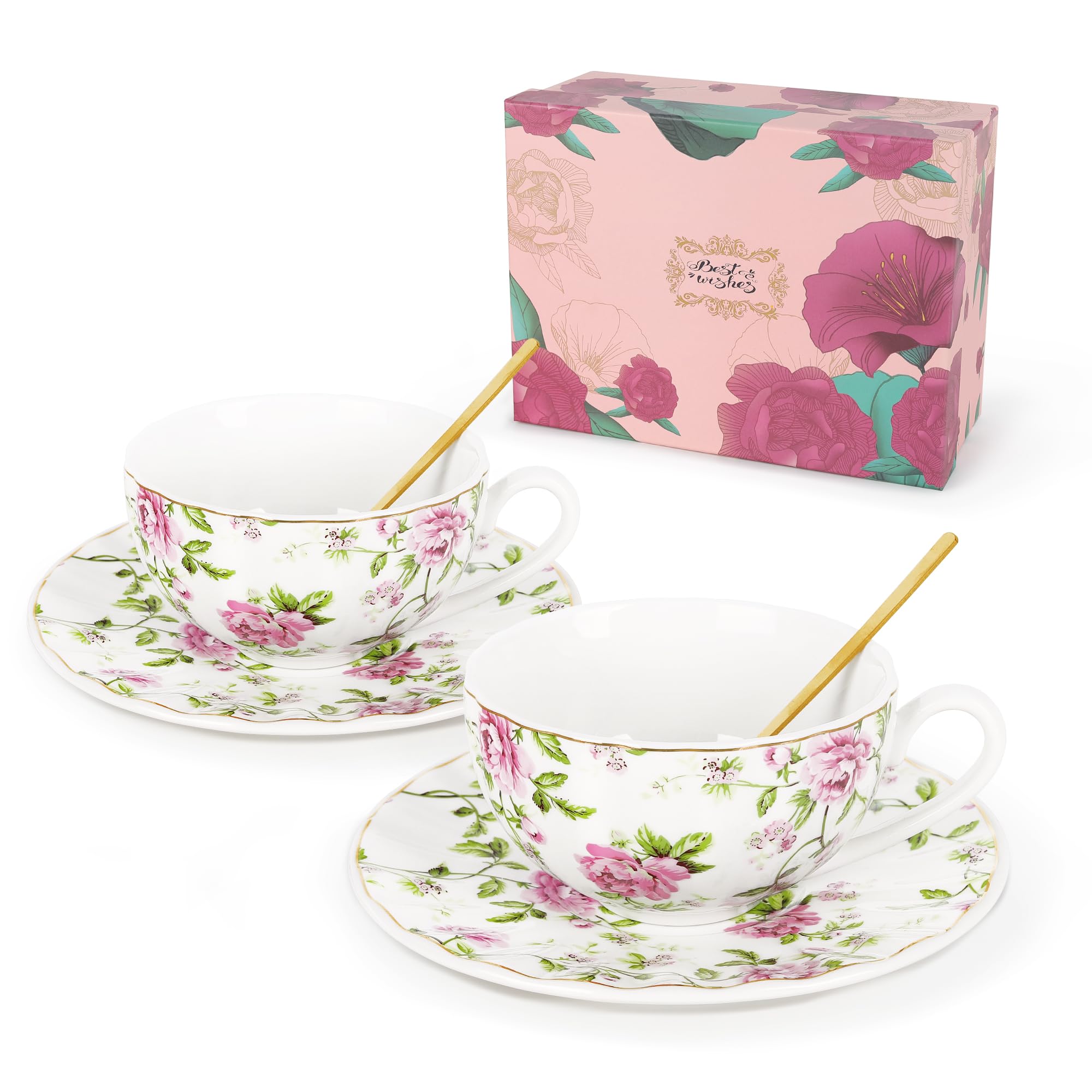fanquare Set di 2 Tazze e Piattini da Caffè Floreali, Tazze da Caffè in Ceramica Rosa 200ml, Tazze e Piattini in Porcellana Britannica con Cucchiaio Regalo per Mamma Amica Tea Party