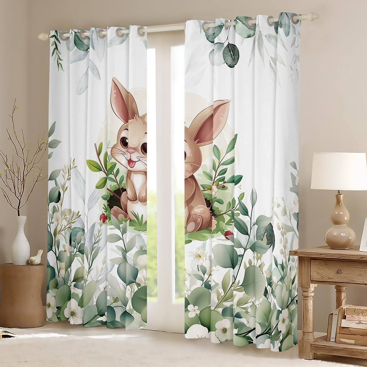 Kawaii Rabbit Blackout Curtains for Boys Girls Cartoon Bunnies Curtains, Eucalyptus Leaves Curtains & Drapes Jungle Wildlife Animals Living Room Curtains, Tropical Botanical Plants Window Curtains