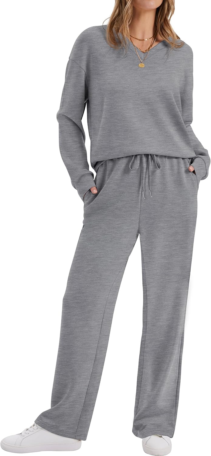 WIHOLL Lounge Sets for Women 2026 V Neck 2 Piece Outfits Airport Wide Leg Pants Matching Set Sweatsuits - Image 2