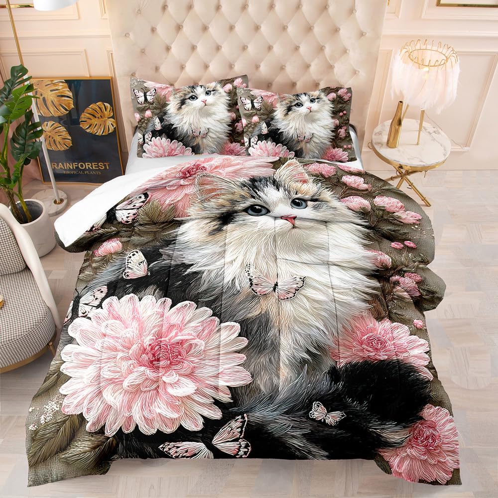 Edredon Cama 90 Gato Estampado Bedding Edredón Nórdico 140X200 Cm, Edredón De Fibra 200Gr/M²,Transpirable Colcha De Microfibra para Todas Las Estaciones