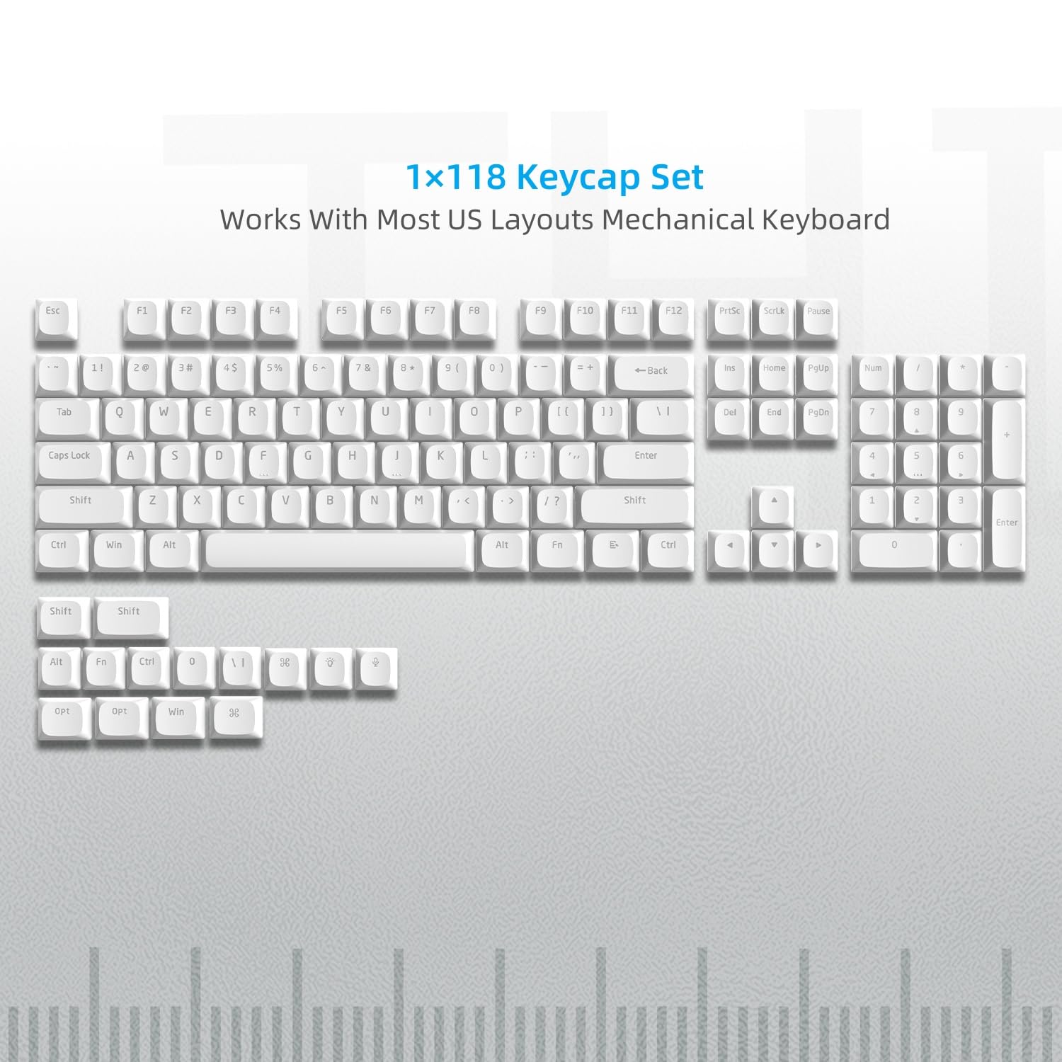 118 Tasti a basso profilo, Keycaps Copritasti Shine Through, Copritasti a grandezza naturale ANSI US al 75% per 60% 65% 75% 80% 100% Cherry Gateron MX Switch Tastiera meccanica, Bianca