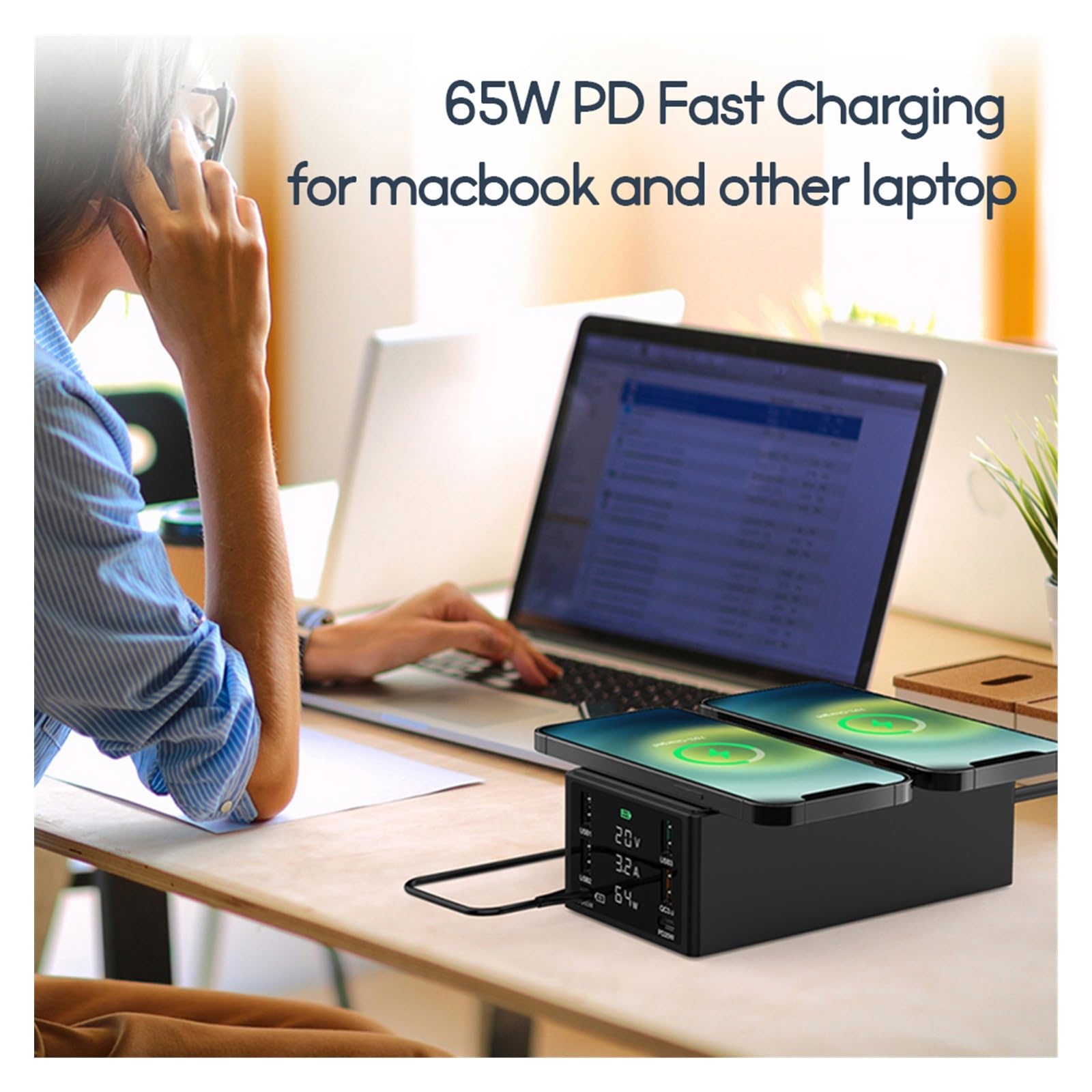 Ładowarka USB, Stacja szybkiego ładowania USB typu C PD o mocy 150 W Bezprzewodowa ładowarka Qi Szybkie ładowanie 4.0 3.0 Ładowarka do telefonu USB, Szybki, wydajny i wszechstronny(Nero)