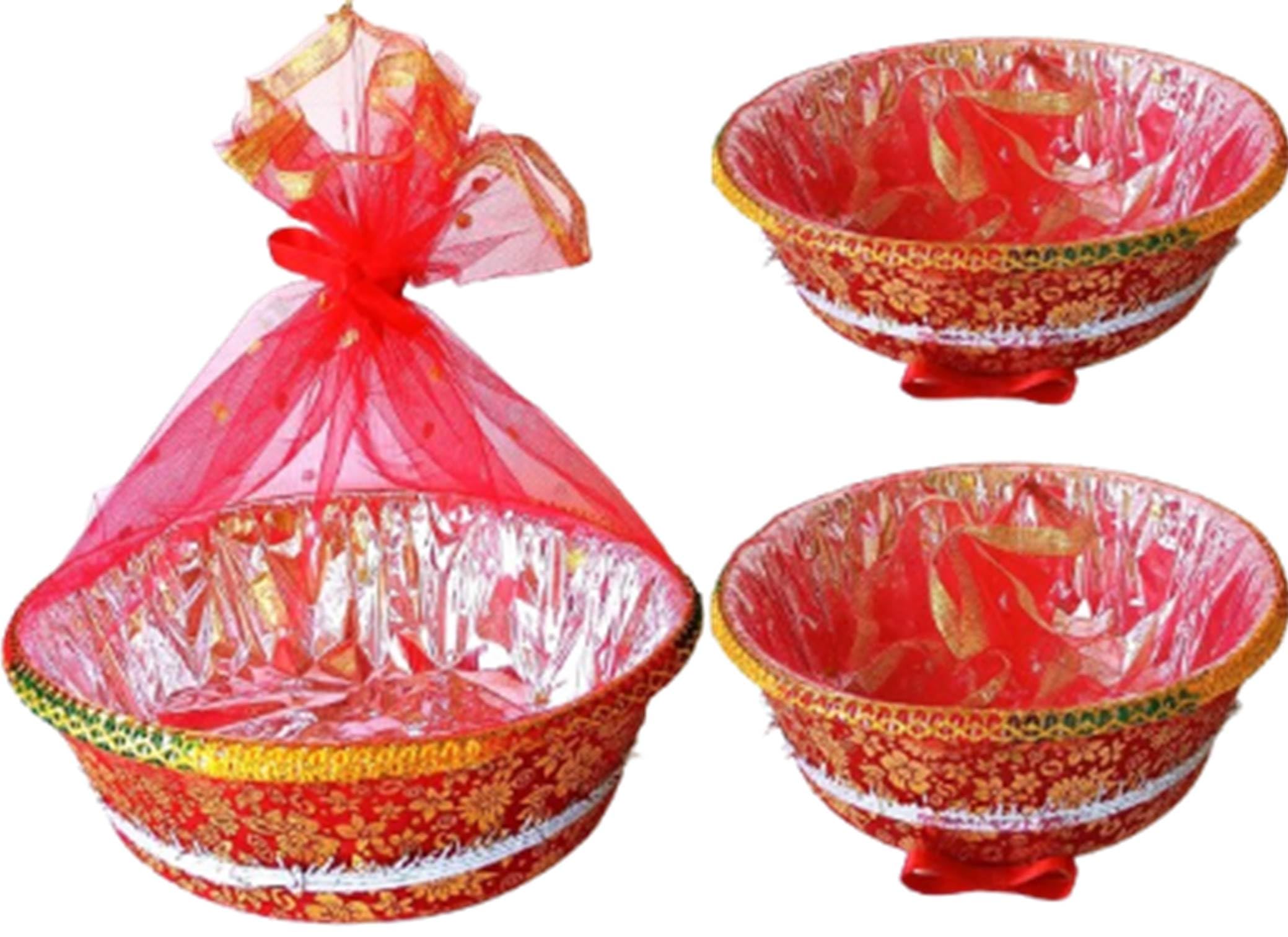 LIELA Decorative Gift Basket, 14" round Set of 3, for Diwali, Rakhi, Wedding, Navratri and any Occasions, pack variety of items waffers, chips, namkeen, juices, fruits, sweet etc. Premium Gift Hamper.-image-14