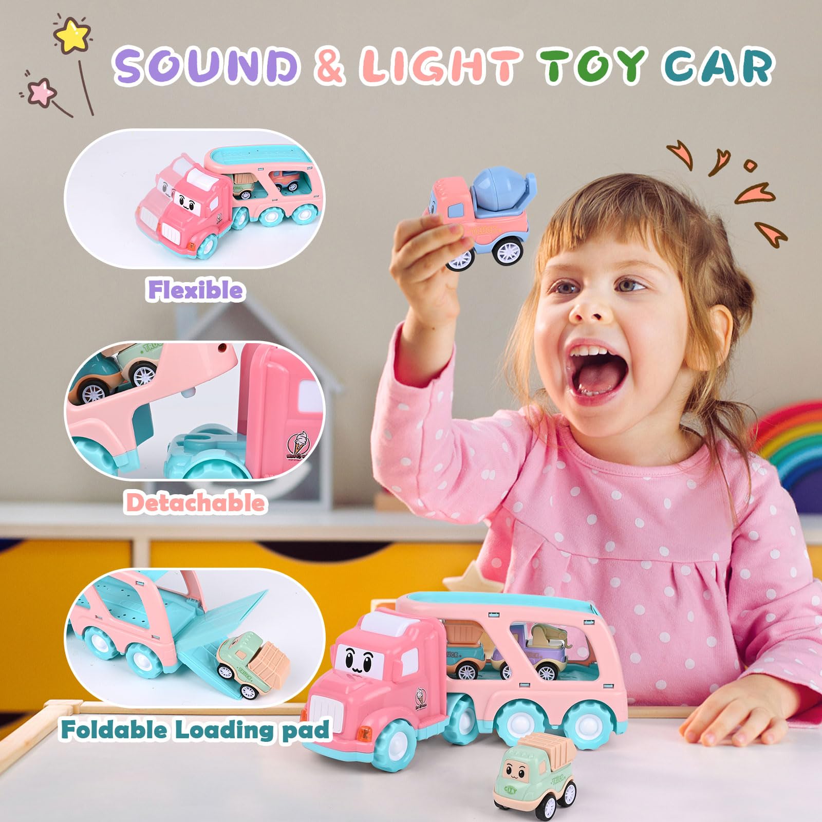 Weinsamkeit Jouet Camion avec Sons et Lumières, 5 en 1 Garage Voiture pour Enfants, Transporter Truck Cars Voiture Portable Bus Jouet Éducatifs Cadeau pour Enfants 3-5 Ans Garçons Filles