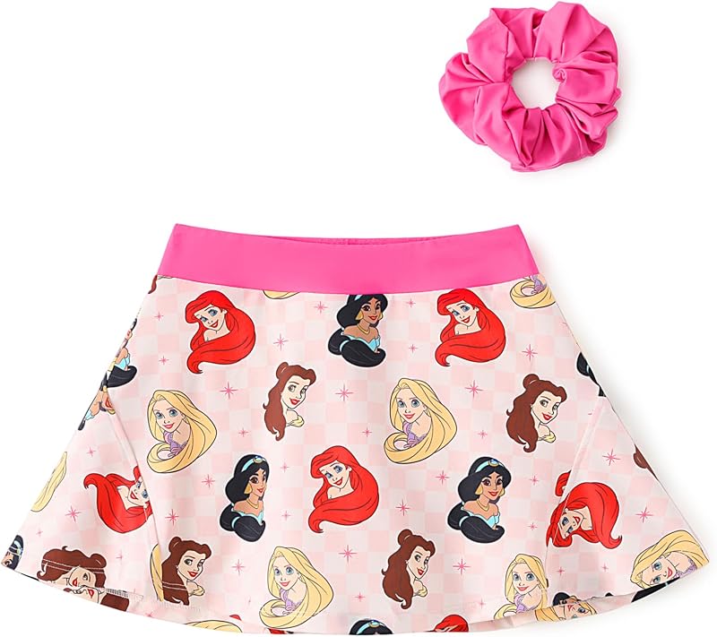 Disney Stitch丨Frozen丨Princess丨Minnie Mouse Girls Athletic Skort Inner Pocket Shorts + Scrunchie Tennis Golf A-line Skirt 2-9Y