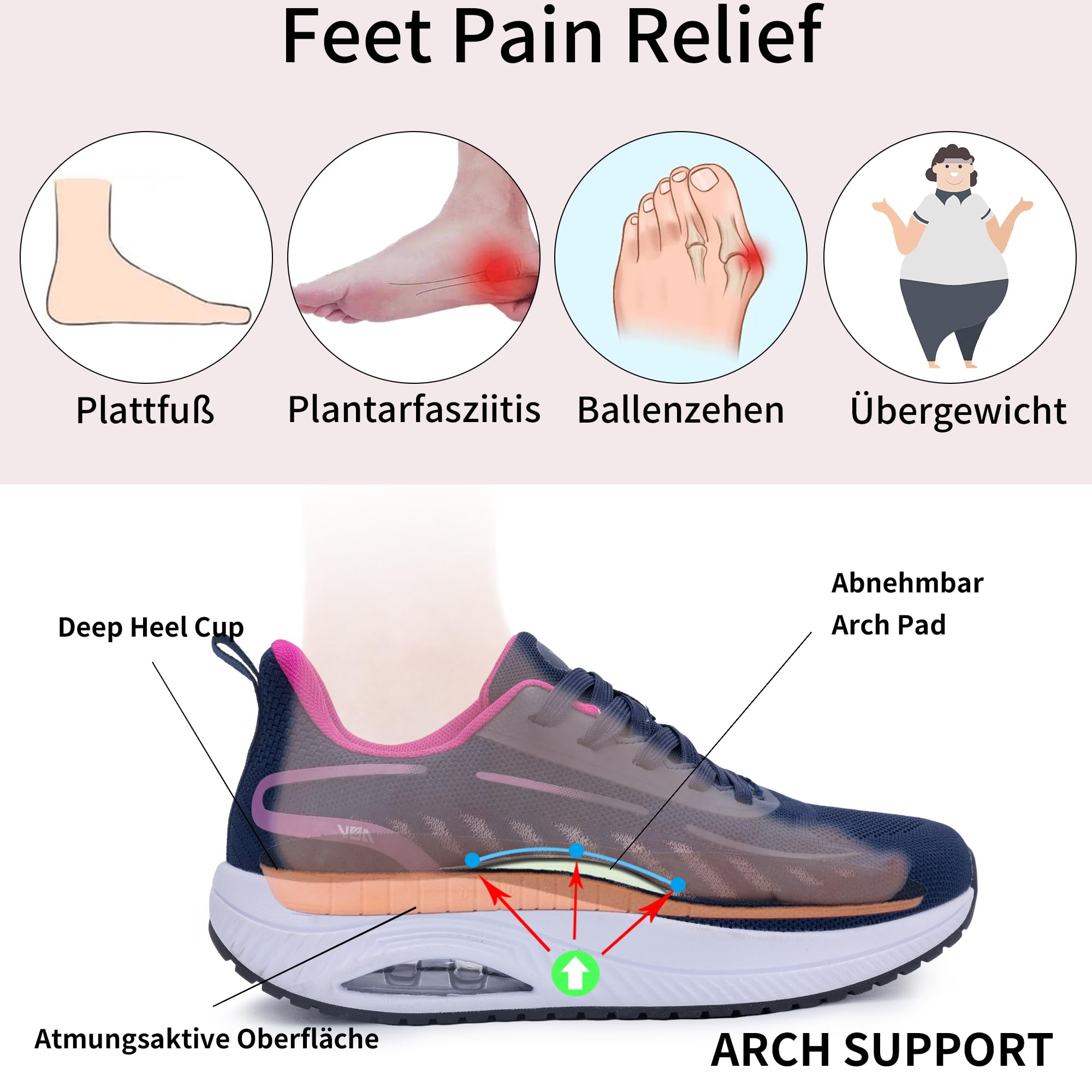 GANNOU Walkingschuhe Damen Arch Support Walking Schuhe Laufschuhe Damen Sportschuhe Turnschuhe mit Dämpfung