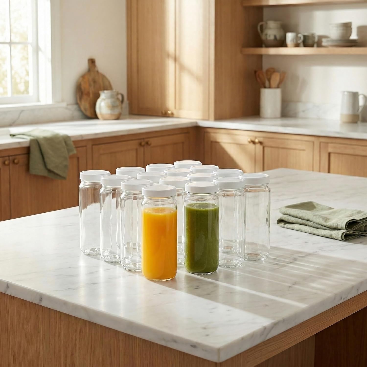 Suwimut 16 Pack Glass Juicing Bottles, 16oz Reusable Glass Drinking Bottle Jar Clear Glass Water Bottle with Plastic Airtight Lids for Juice, Smoothies, Tea, Milk, Kombucha, Beverages