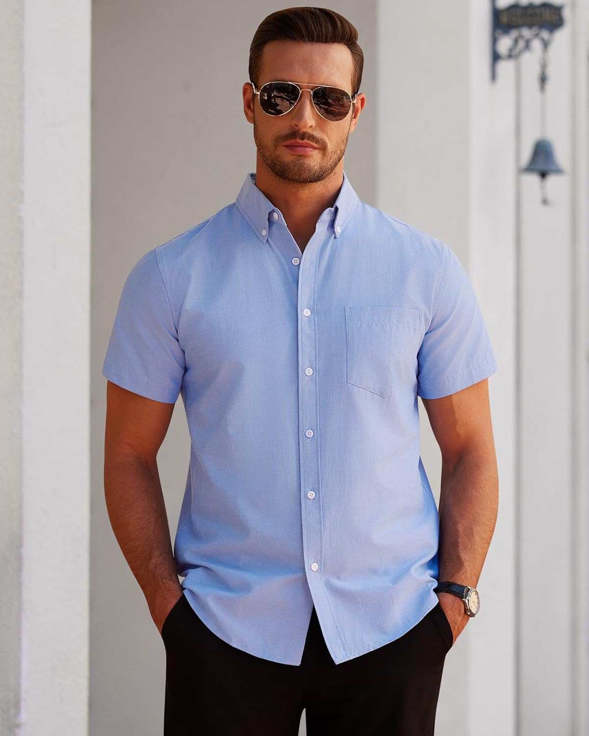 Alimens & Gentle Men's Short Sleeve Oxford Shirt Regular Fit Button Down Collar Shirts with Pocket - Image 2