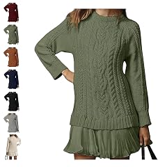 Womans Cable Knit Sweater Dress Long Sleeve Crewneck Patchwork Pleated Dresses Twofer Style Knitted Pullover Long Sleeve