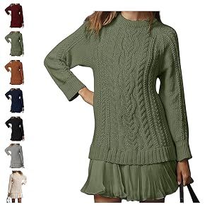 Womans Cable Knit Sweater Dress Long Sleeve Crewneck Patchwork Pleated Dresses Twofer Style Knitted Pullover Long Sleeve