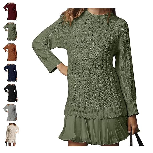 Womans Cable Knit Sweater Dress Long Sleeve Crewneck Patchwork Pleated Dresses Twofer Style Knitted Pullover Long Sleeve
