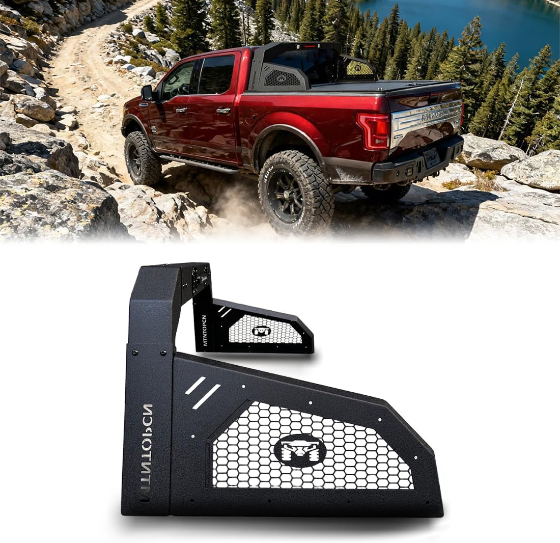 MTNTOPCN Military Design Pickup Roll Bar components and assembled view on a truck.