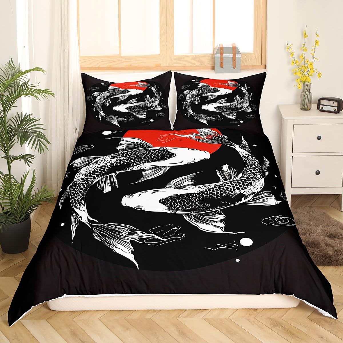 Feelyou Japanese Ukiyoe Comforter Cover Fish Bedding Set Japanese-Style Duvet Cover for Boys Girls Kids Exotic Koi Animal Room Decor Sunset Bedspread Cover Full Size with 2 Pillow Case (No Comforter)
