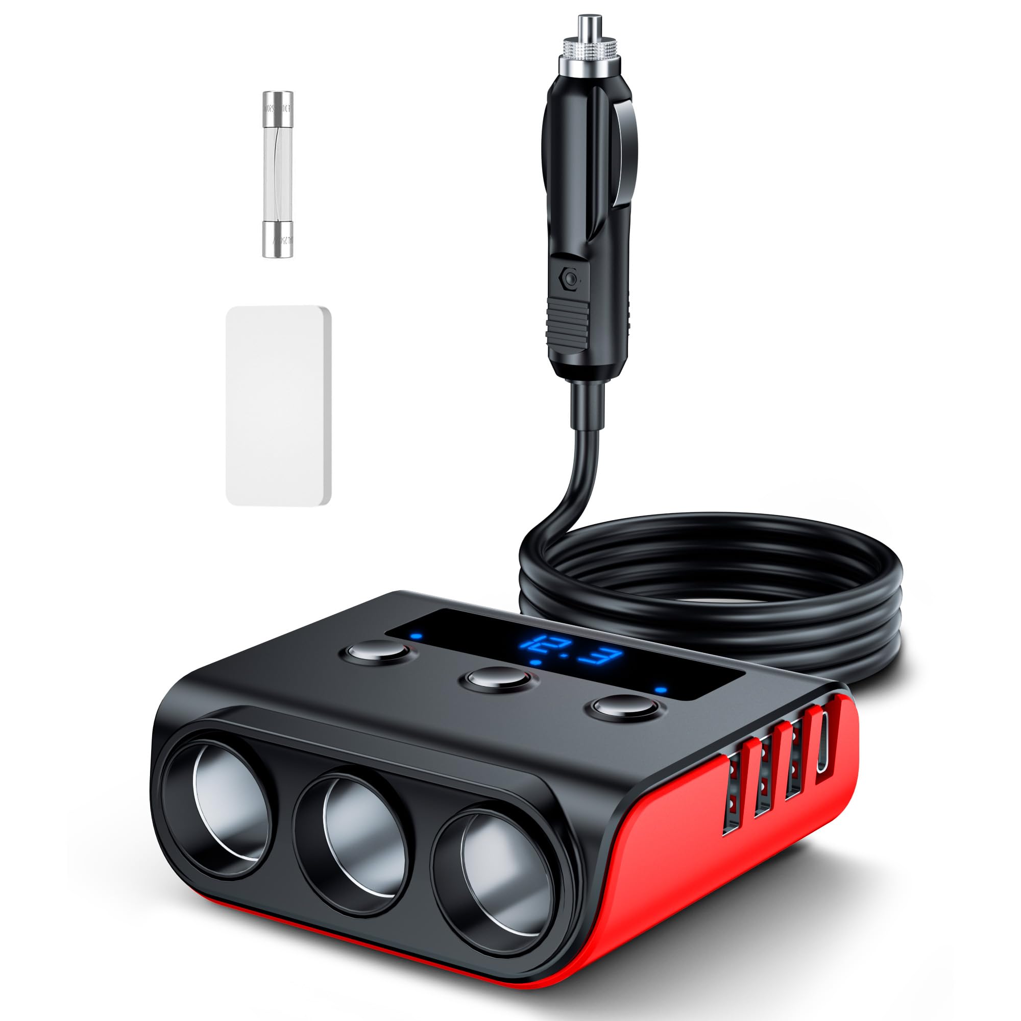 SONRU 180W Zigarettenanzünder Verteiler, 7 in 1 Auto Ladegerät Adapter Kfz, 3 Fach 12V/24V Steckdose mit 45W PD & 3 USB, Autoladegerät Zigarettenanzünder Stecker für iPhone 17/iPad/Dashcam/GPS