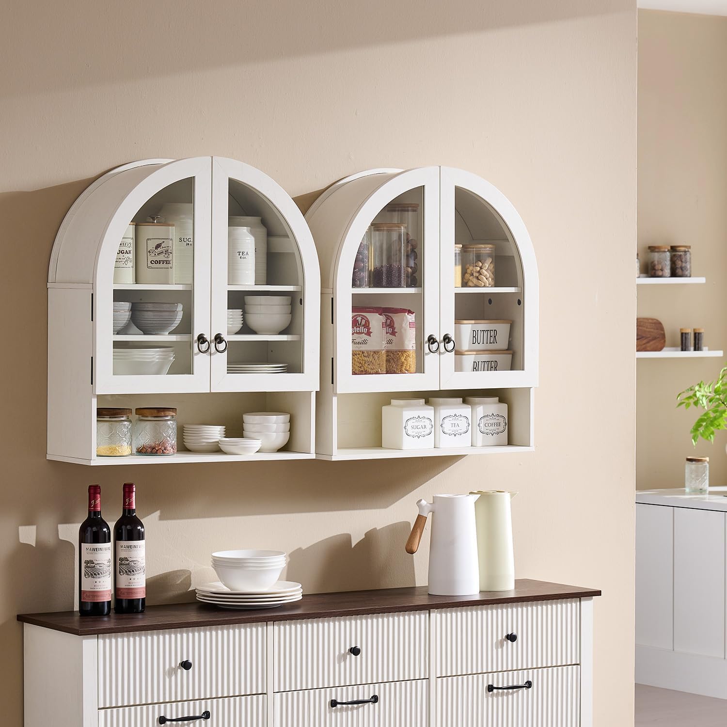 IFBUY Arched Wall Cabinet, Wood Bathroom Storage Cabinet Over Toilet with Adjustable Shelves & Acrylic Glass Doors, Modern Farmhouse Medicine Cabinet for Kitchen, Laundry Room, Antique White