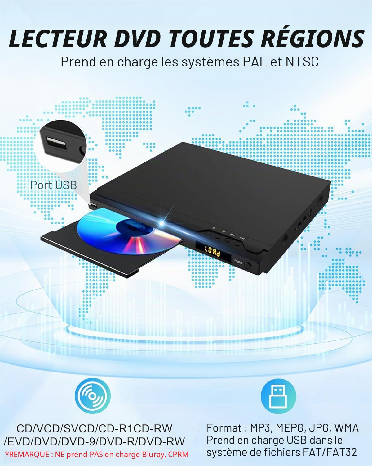 Lecteur DVD pour TV HDMI Prenant en Charge PAL/NTSC, Lecteur DVD Multizone, Entrée USB, Câbles HDMI et AV,Lecteurs DVDs Domestique Noir