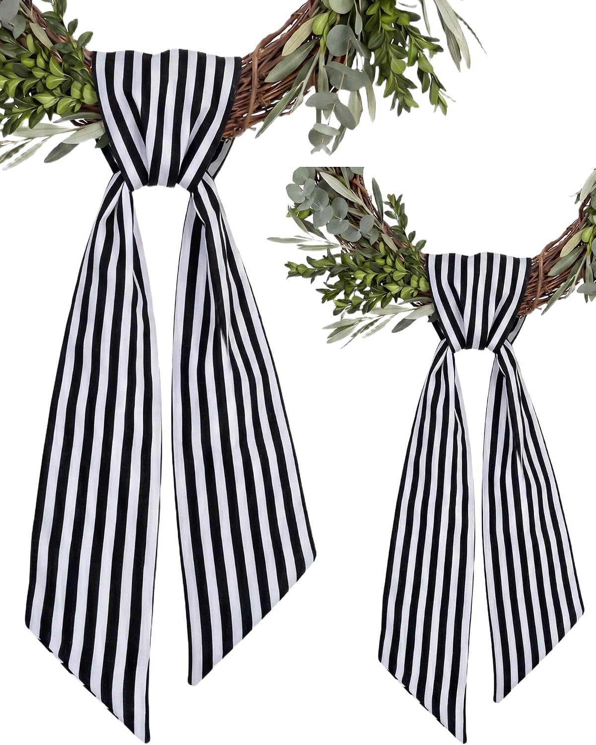 2 Pack Black and White Striped Wreath Sash for Front Door, Farmhouse Bows for Fall and Christmas, 55 Inch Porch Decor