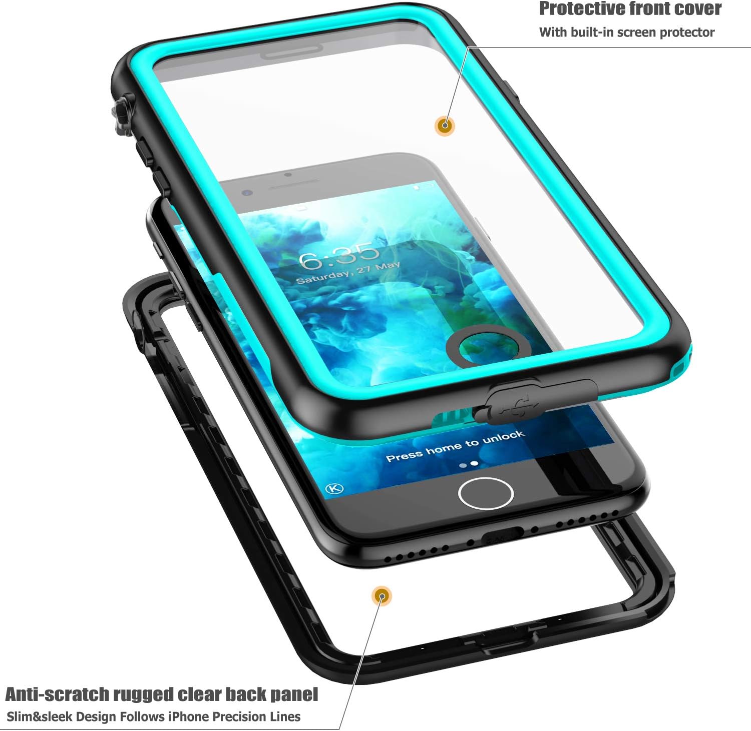 SPIDERCASE for iPhone SE 2022 Case, iPhone SE 2020/8/7 Waterproof Case, Built-in Screen Protector Full Protective Shockproof Dirtproof Snowproof Case for iPhone SE 2022/2020/8/7, 4.7 “(Teal+Clear)