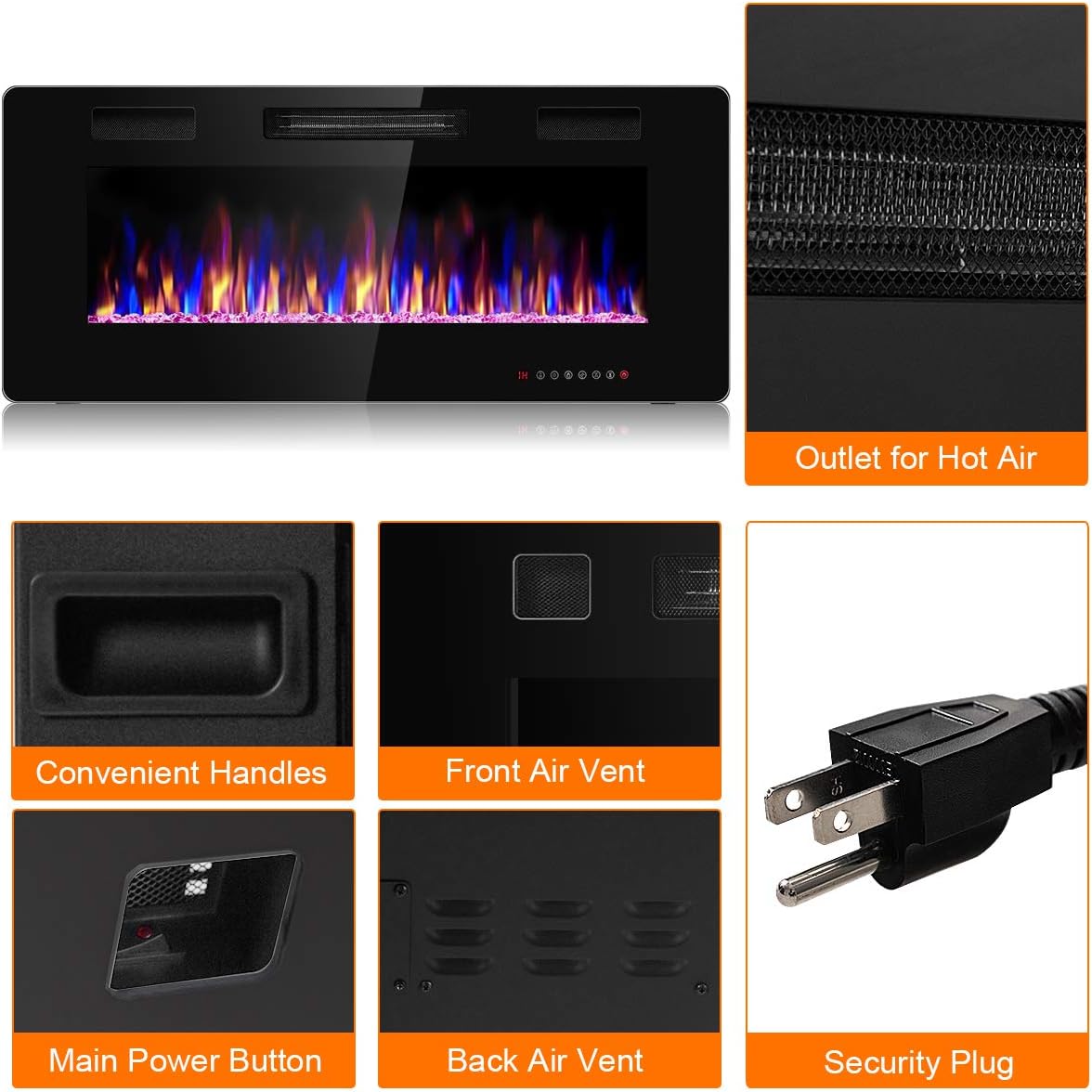 Close-up views of electric fireplace components including hot air outlet, handles, front air vent, main power button, back air vent, and security plug