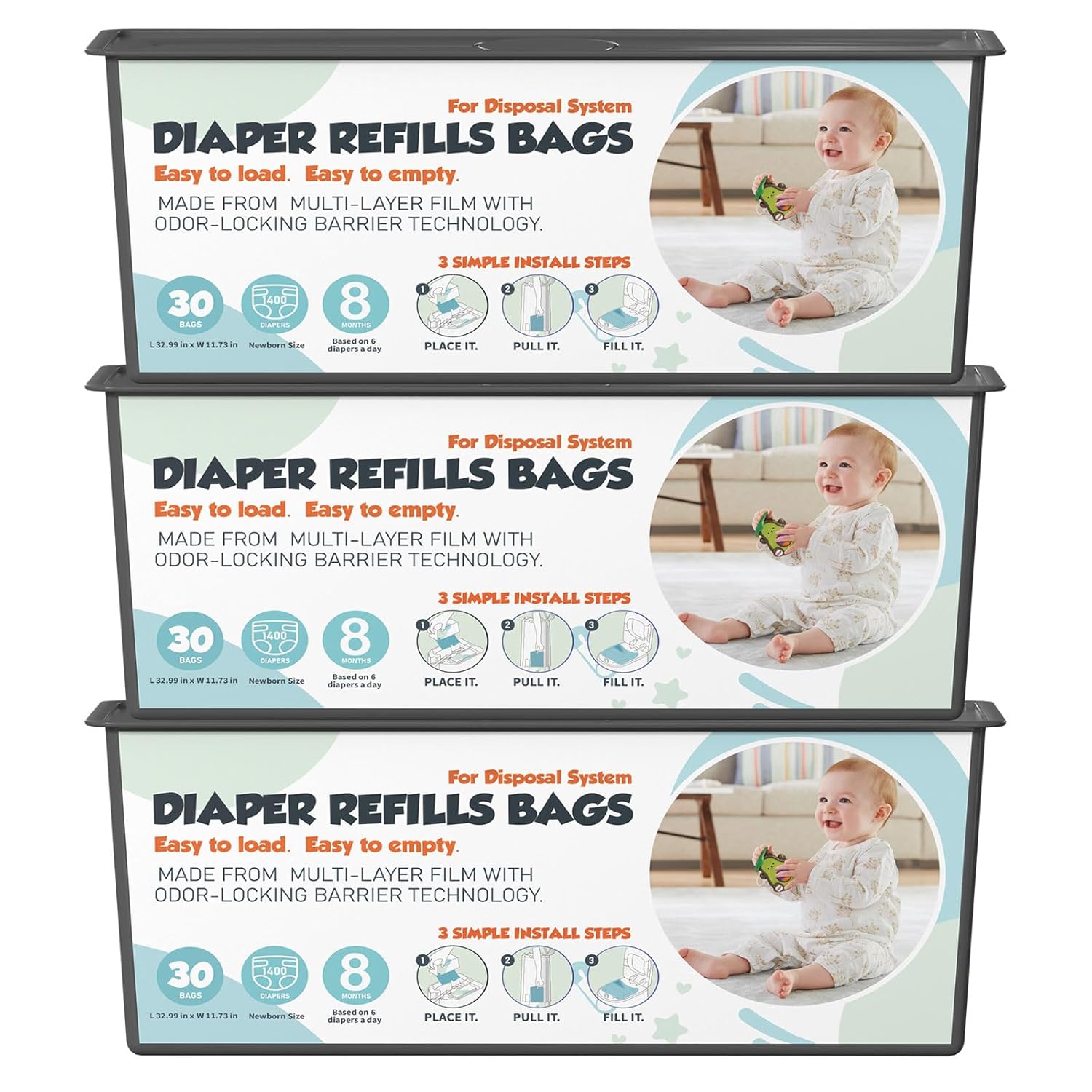 Diaper Pail Refills Bags with 30 Bags Compatible with Genie Easy Roll Signature and Platinum Diaper Pails, 7-Layer Odor-Barrier Technology, 3 Pack (90 Bag)