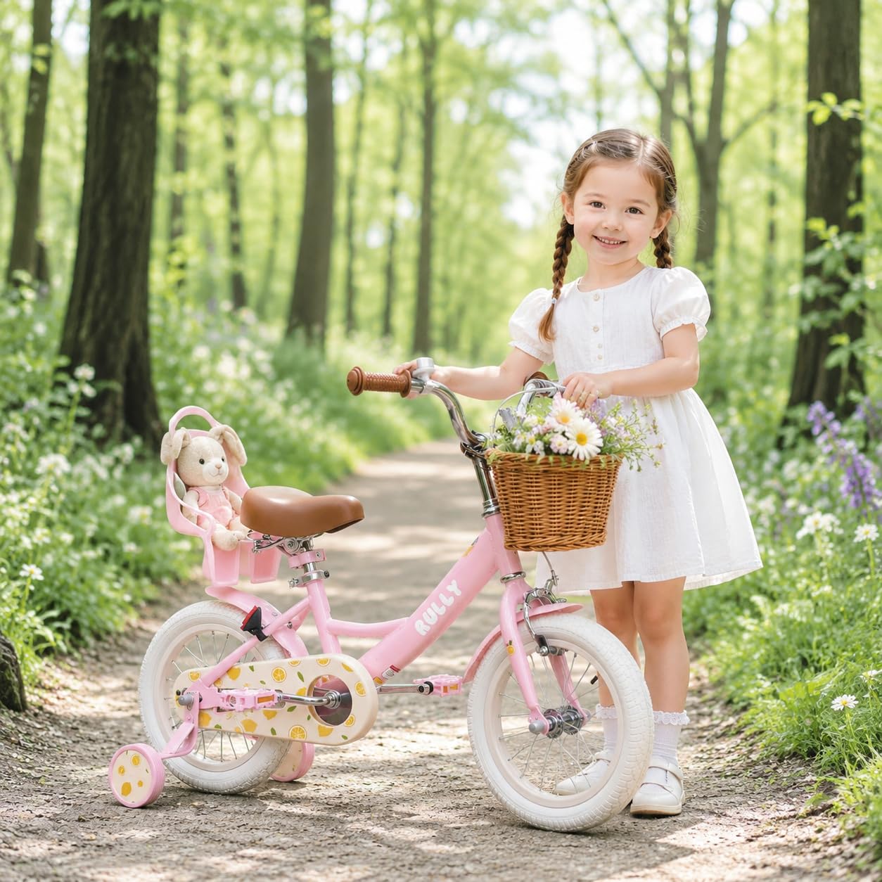 RULLY Bicicleta Infantil Fruit de 12, 14, 16 Pulgadas para Niñas de 2 a 7 Años – Bicicleta para Niñas con Ruedas de Apoyo, Cesta y Silla para Muñecas