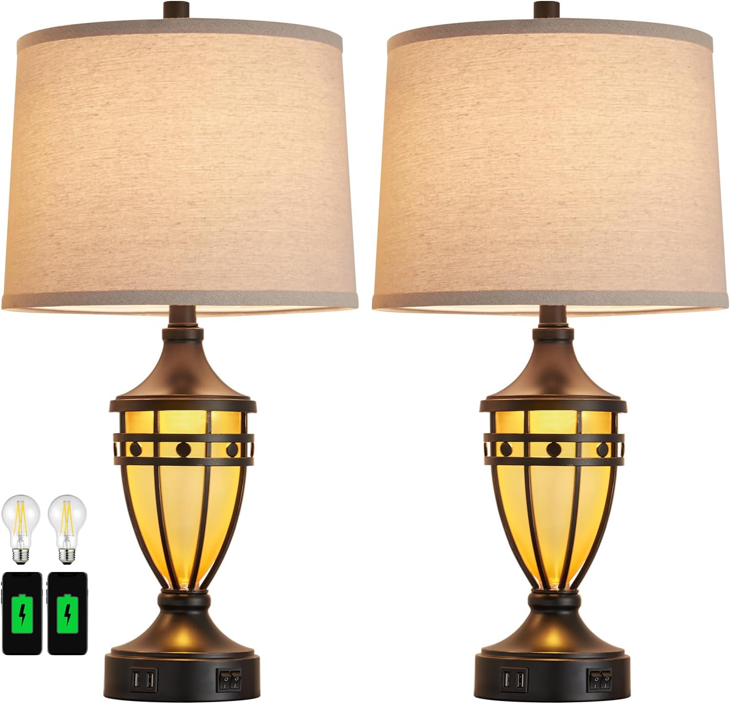 Set of 2 Farmhouse Table Lamps for Living Room with 2 USB Charging Ports, Vintage Rustic Amber Glass Night Light Nightstand Lamps for Bedroom Entryway, Bulbs Included