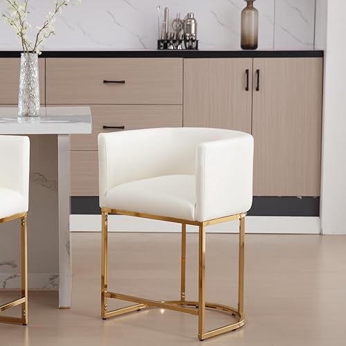PU Leather Bar Stools, Modern Upholstered Counter Height Bar stools 24" Leather Barstools Barrel Kitchen Counter Island Stools with Golden Metal Base, White