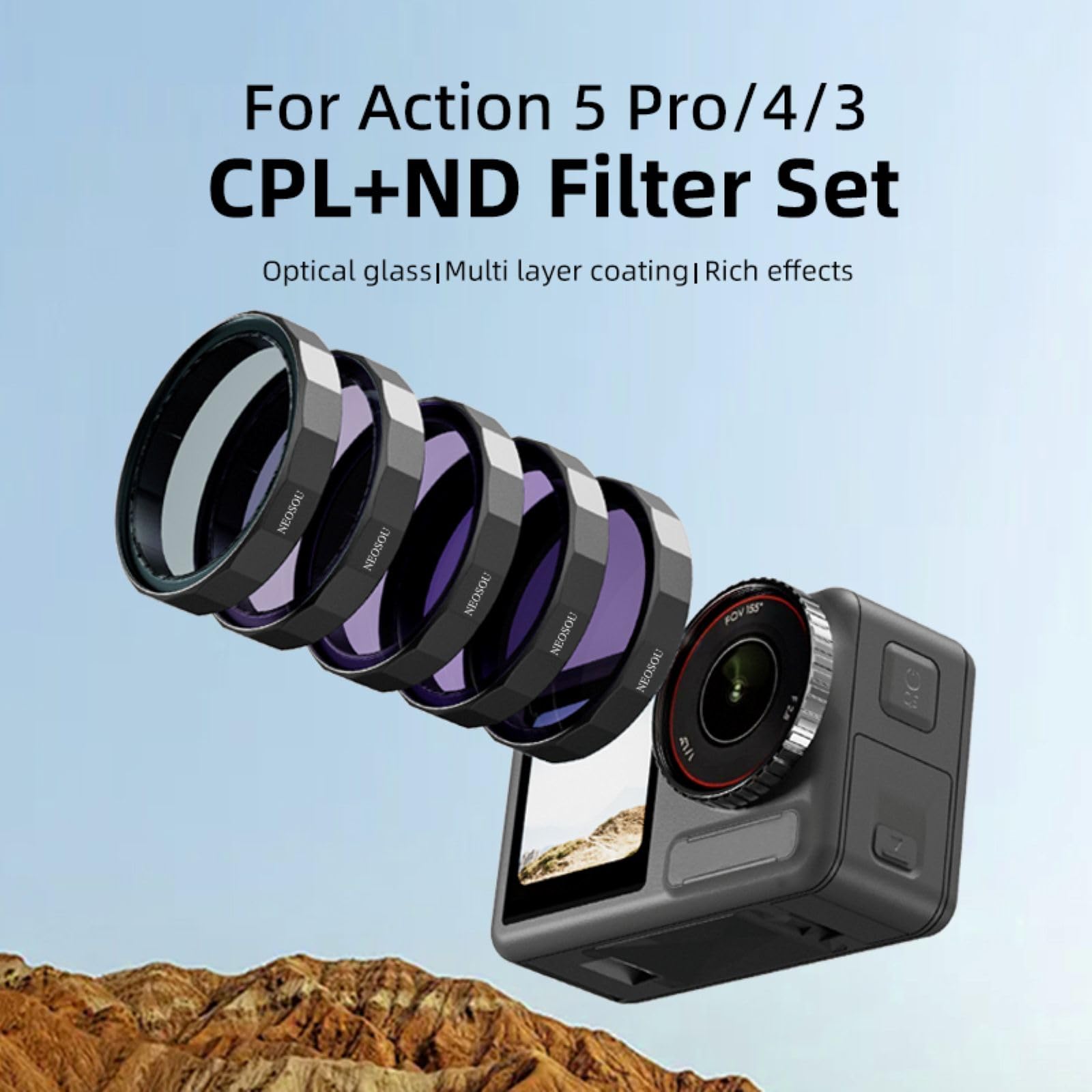 Zestaw 5-pak filtrów PL ND do akcesoriów Osmo Action 5 Pro, CPL+ND8+ND16+ND32+ND64 osłona obiektywu do DJI Action 5 4 3, wielowarstwowa/HD szkło optyczne/zatrzaskowe/metalowa ramka
