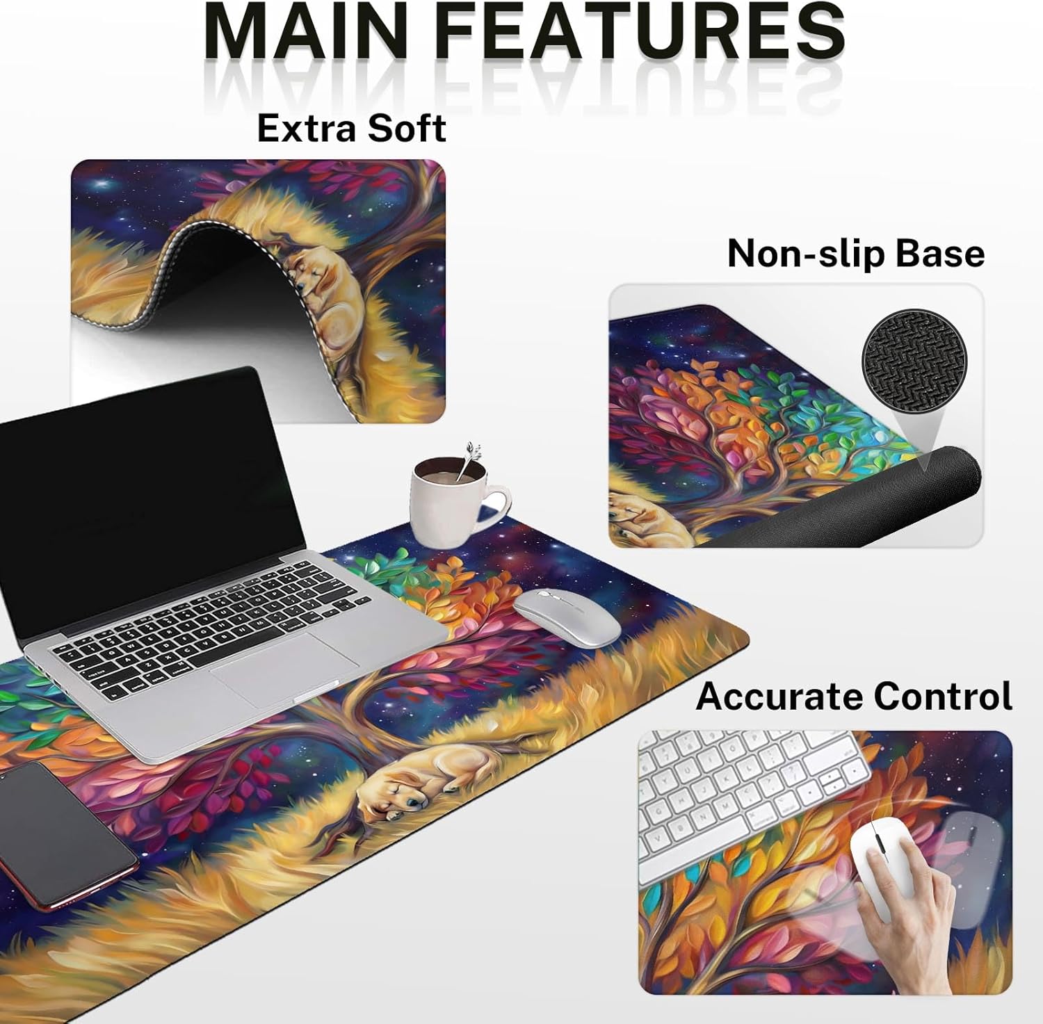 Britimes Colorful Tree Oil Painting Keyboard Mouse Pad Set Cute Dog 4in1 Large Mousepad+Keyboard Wrist Rest+Mouse Wrist Rest+Coaster Ergonomic Design for Home Office Computer 35.4x15.7 inches