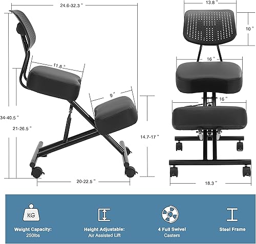 Miniatura 2 de Silla ergonómica de rodillas con soporte de espalda, silla de escritorio para oficina en casa con ruedas de freno y deslizantes, silla de postura