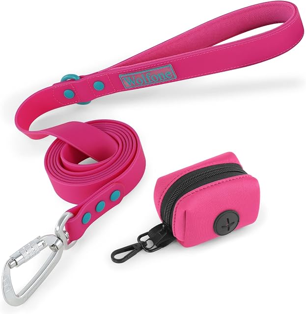 Wolfone Waterproof Dog Lead with Dog Poop Bag Dispenser Safety Auto-Lock Carabiner Lead for Dogs Soft Handle Easy Care5ft*20mm*2.5mm Pink Peacock