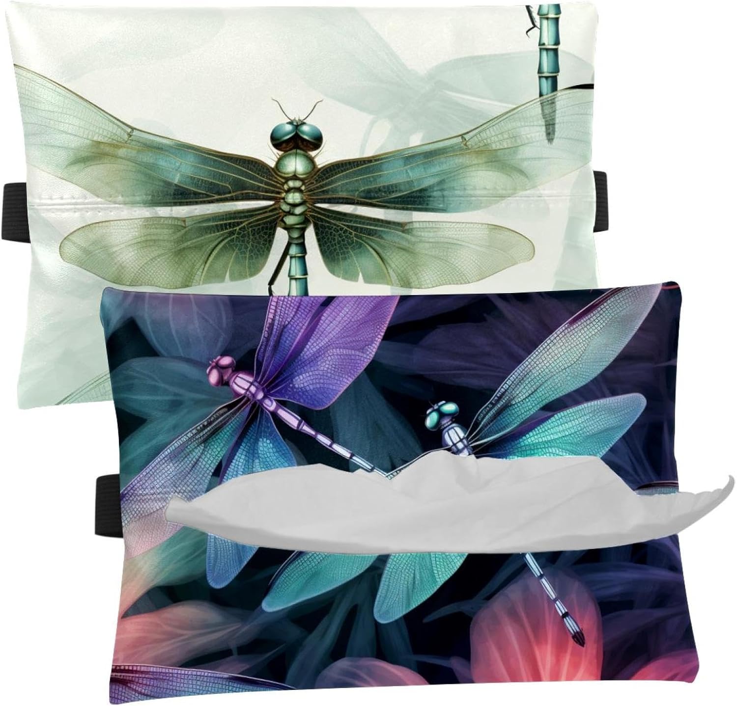 2 Pieces Tissues Purse Pocket Car Tissue Box Holder, Reusable Travel Car Visor Tissue Pouch Zipper Tissue Case for Vehicle Paper Storage (Dragonflies)