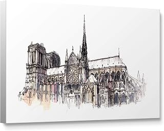 Niwo ART - Notre Dame Cathedral, World's Most Famous Architecture Drawings Series 1, Canvas Wall Art Home Decor, Gallery Wrapped, Stretched, Framed Ready to Hang (18"x12"x3/4")