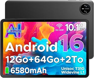 Tab A9 Tablette Android 16, Tablette 10 Pouces, 6580mAh Tablette Tactile 12GB+64GB(TF 2TB), Unisoc T310 Gemini AI Tablette Pas Cher, 8MP/5G WiFi/Double Haut-Parleur/GMS/Bluetooth 5.0/Face ID