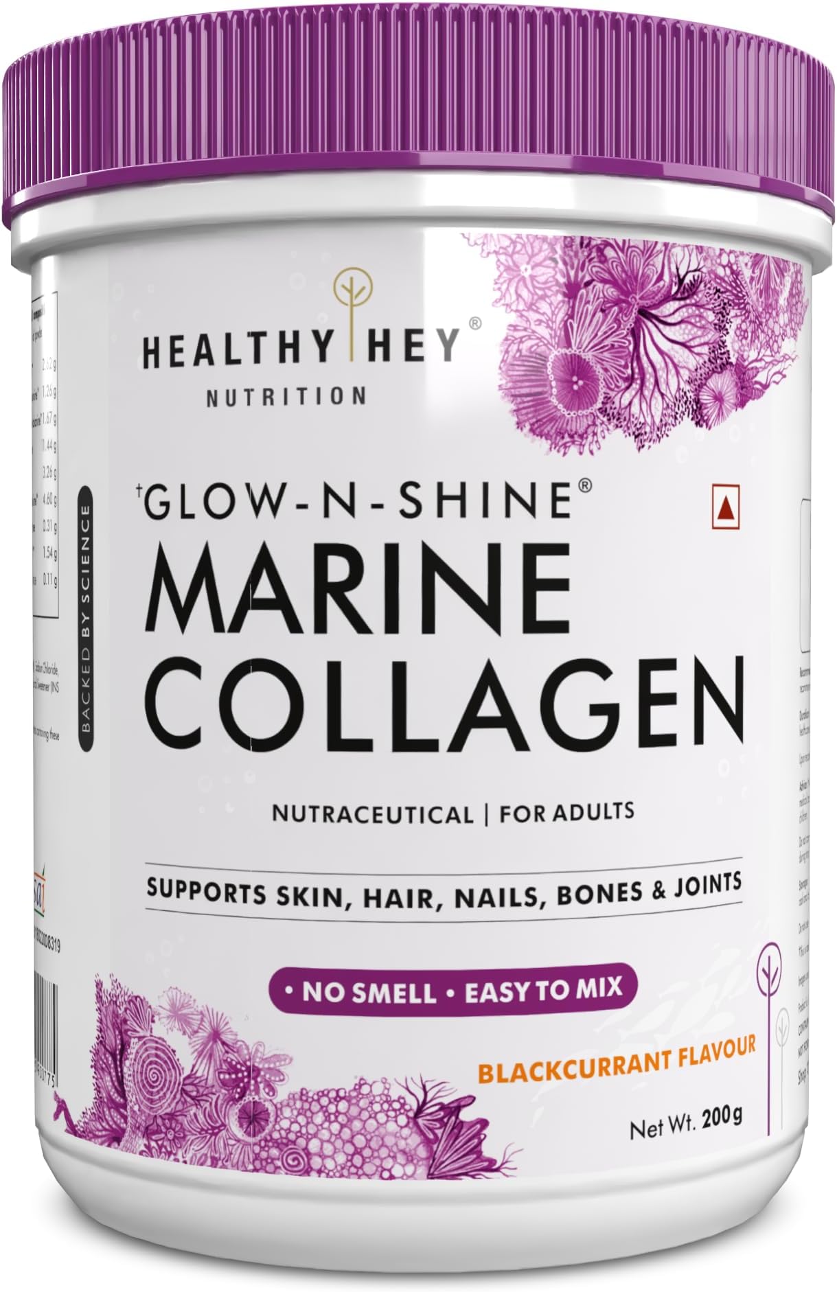 HealthyHey Glow-n-Shine® Marine Collagen Powder - Hydrolyzed | Type 1 Collagen Protein Supplement with Hyaluronic Acid | Amino Acids for Skin, Hair, Nails (blackcurrant, 200g)