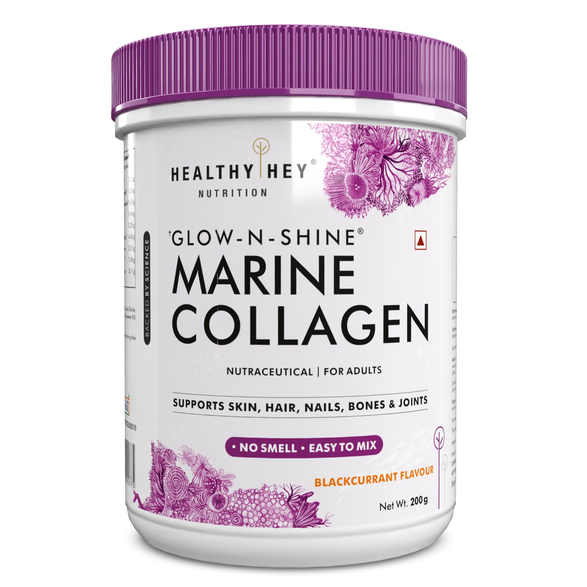 HealthyHey Glow-n-Shine® Marine Collagen Powder - Hydrolyzed | Type 1 Collagen Protein Supplement with Hyaluronic Acid | Amino Acids for Skin, Hair, Nails (blackcurrant, 200g)