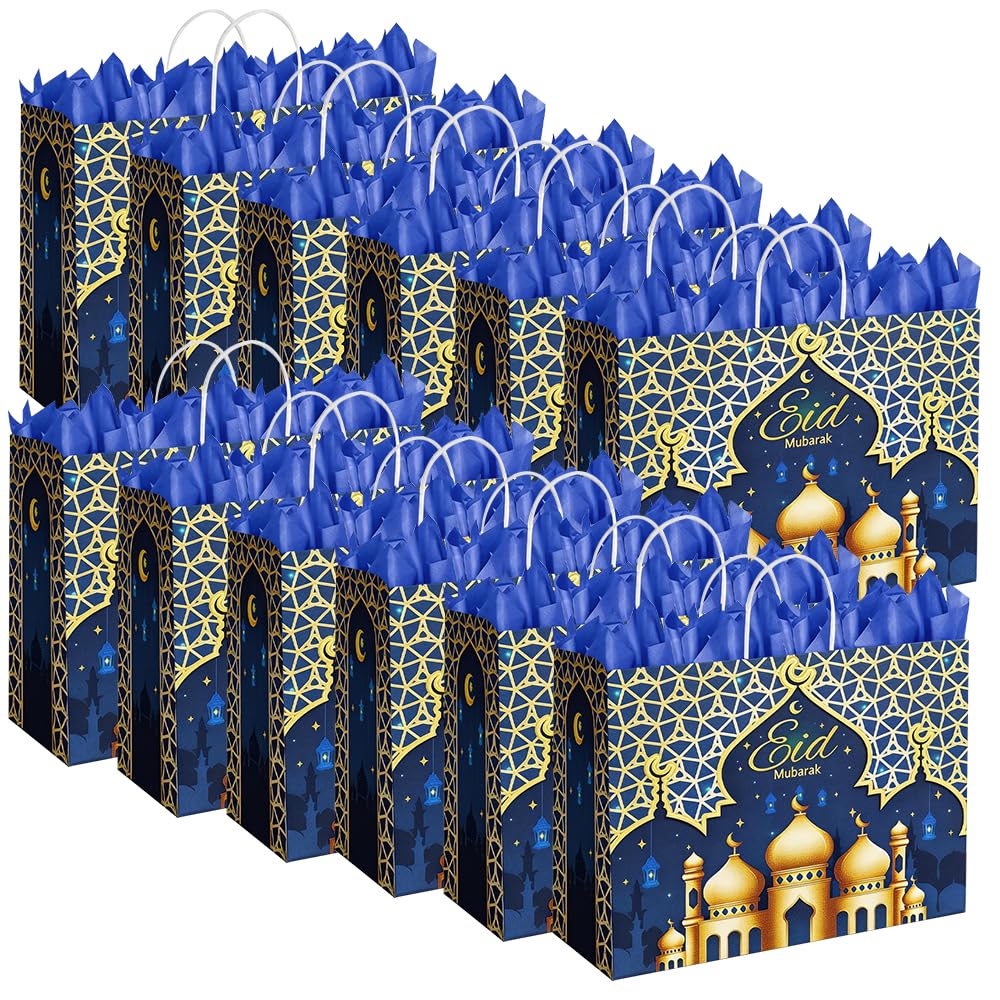CMSSHUAI 12 Pcs Eid Mubarak Gift Bags with Handles 12.8 x 10.4 x 4.4 Inch Large Ramadan Tote Bags Eid Mubarak Paper Treat Goodie for Gifts Wrapping Ramadan Party Supplies